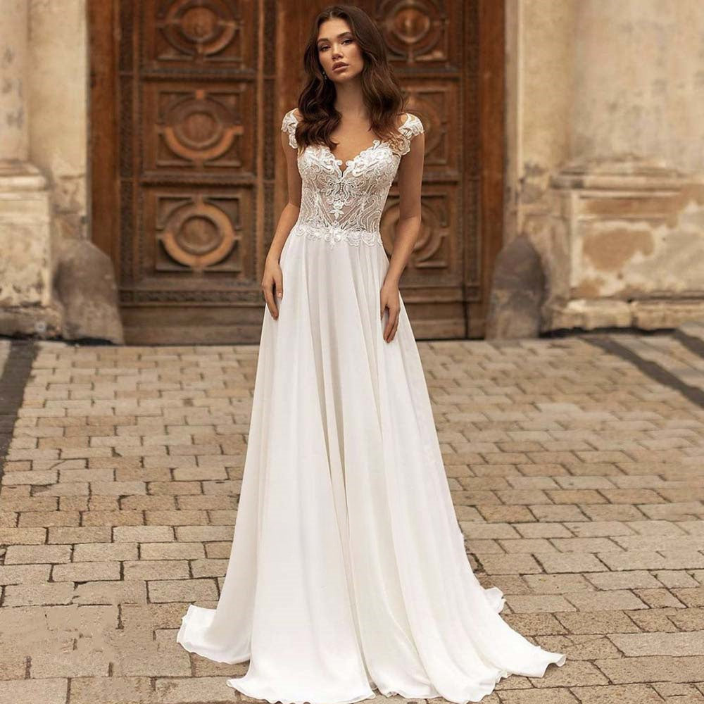 #YS88 Modern V-Neck Wedding Dresses Lace Appliques Chiffon Backless Boho A-Line Bride Gown Backless Sweep Train Vestido de novia-payinti