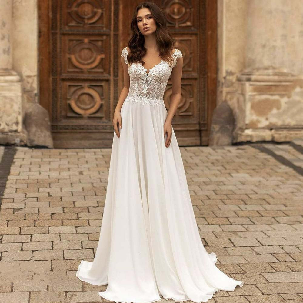 #YS88 Modern V-Neck Wedding Dresses Lace Appliques Chiffon Backless Boho A-Line Bride Gown Backless Sweep Train Vestido de novia-payinti