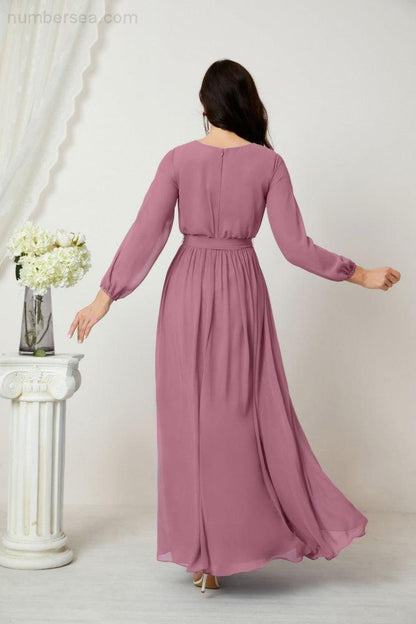 Numbersea Evening Dresses Deep V-Neck Chiffon Bridesmaid Dresses Long Bishop Sleeve Side Split Formal Dress 2806