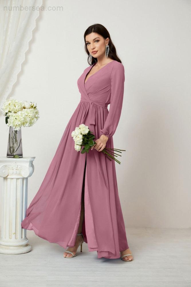 Numbersea Evening Dresses Deep V-Neck Chiffon Bridesmaid Dresses Long Bishop Sleeve Side Split Formal Dress 2806