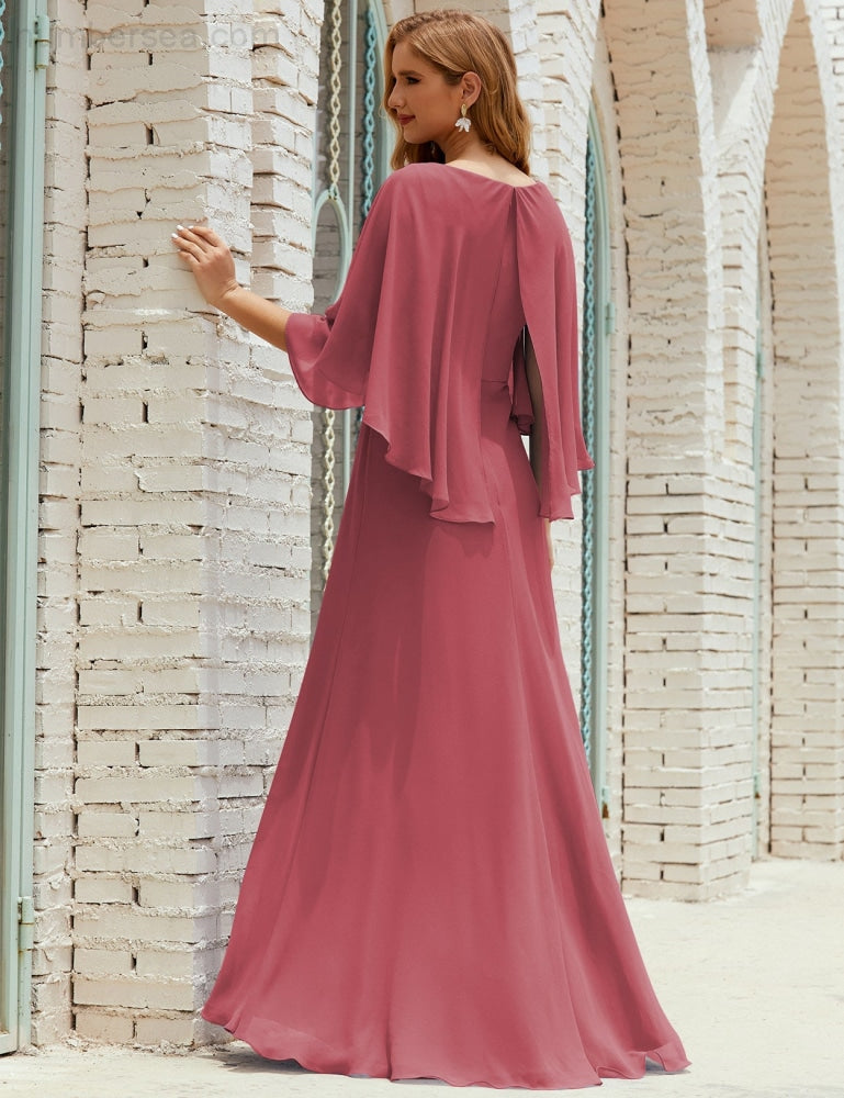 Numbersea  Bridesmaid Dress Women Long Sleeve V-Neck Chiffon Formal Wedding Party Dress 28018