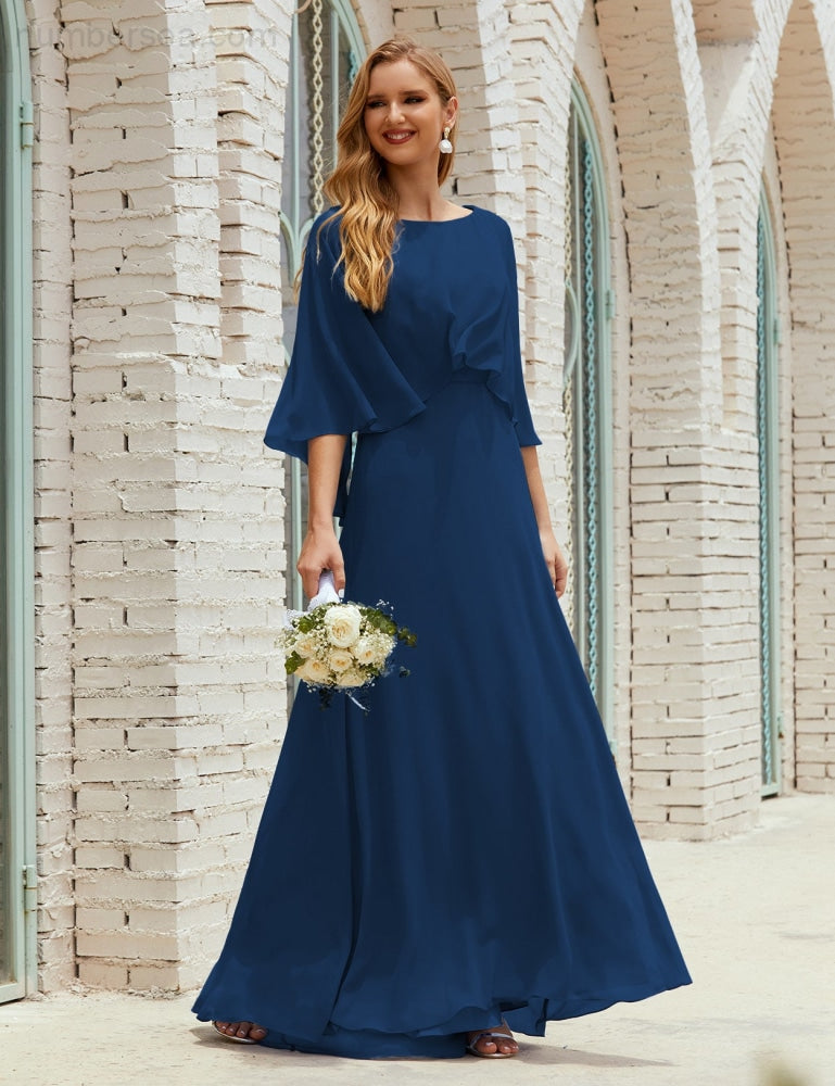 Numbersea  Bridesmaid Dress Women Long Sleeve V-Neck Chiffon Formal Wedding Party Dress 28018