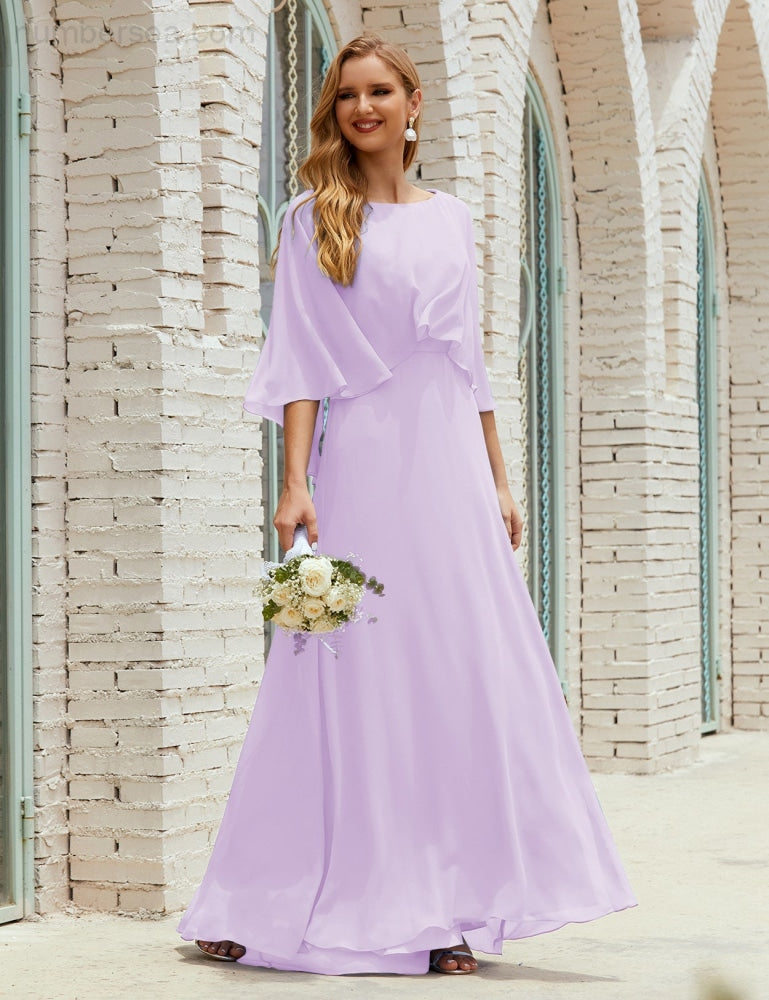 Numbersea  Bridesmaid Dress Women Long Sleeve V-Neck Chiffon Formal Wedding Party Dress 28018