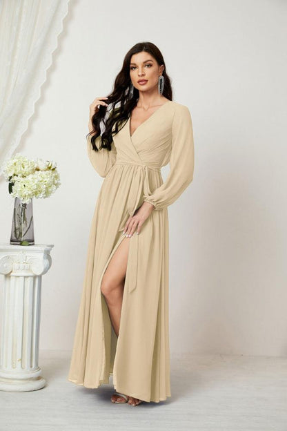 Numbersea Evening Dresses Deep V-Neck Chiffon Bridesmaid Dresses Long Bishop Sleeve Side Split Formal Dress 2806