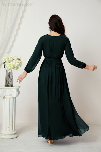 Numbersea Evening Dresses Deep V-Neck Chiffon Bridesmaid Dresses Long Bishop Sleeve Side Split Formal Dress 2806