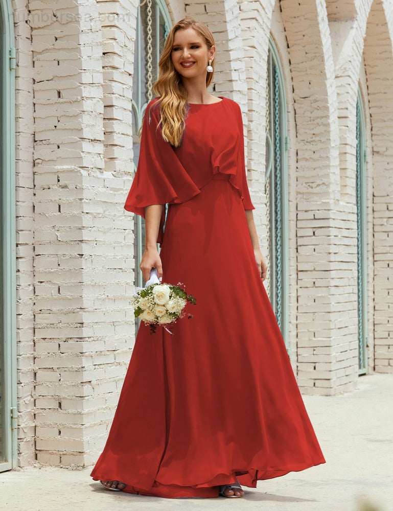 Numbersea  Bridesmaid Dress Women Long Sleeve V-Neck Chiffon Formal Wedding Party Dress 28018