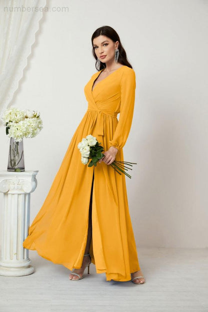 Numbersea Evening Dresses Deep V-Neck Chiffon Bridesmaid Dresses Long Bishop Sleeve Side Split Formal Dress 2806