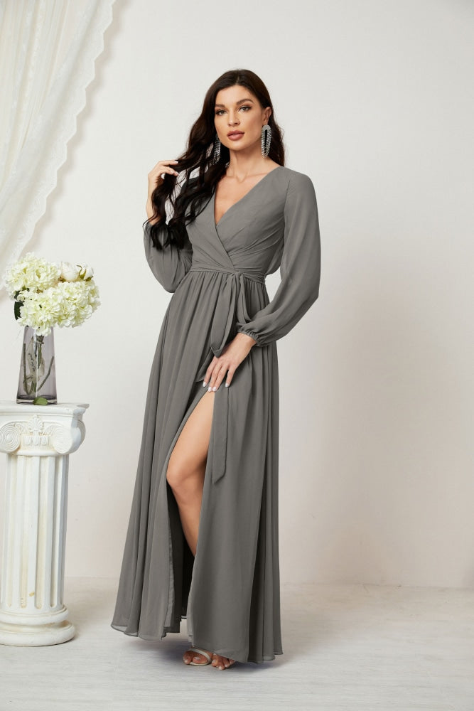 Numbersea Evening Dresses Deep V-Neck Chiffon Bridesmaid Dresses Long Bishop Sleeve Side Split Formal Dress 2806