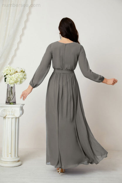 Numbersea Evening Dresses Deep V-Neck Chiffon Bridesmaid Dresses Long Bishop Sleeve Side Split Formal Dress 2806