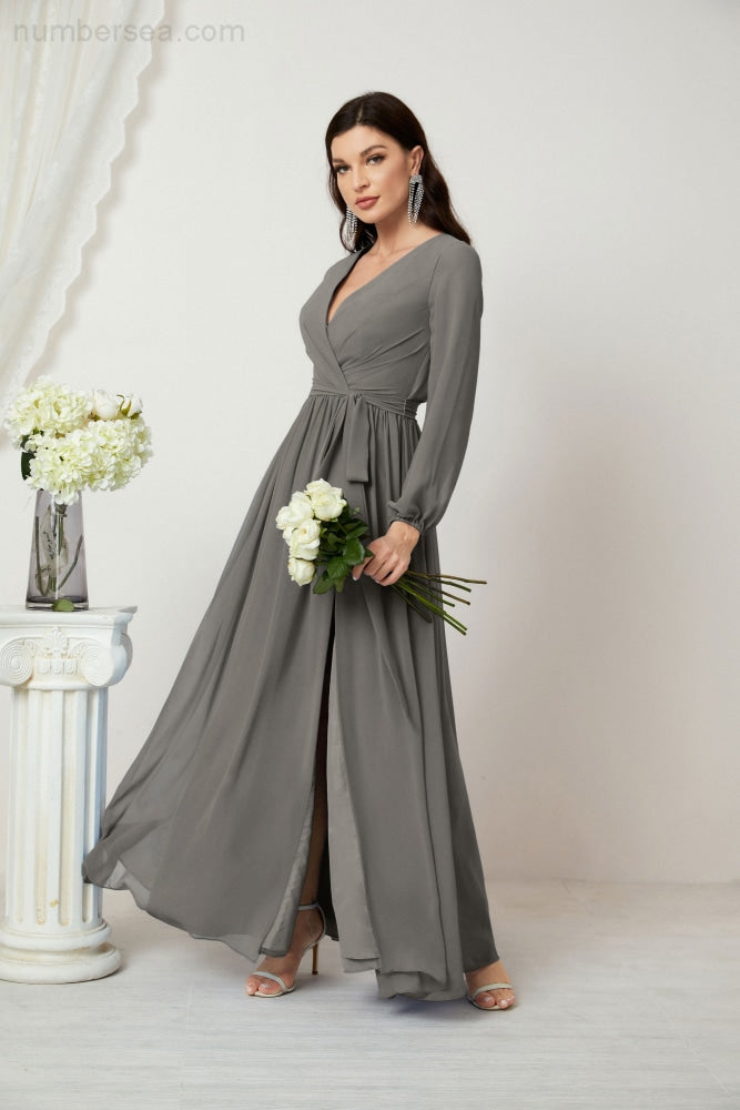 Numbersea Evening Dresses Deep V-Neck Chiffon Bridesmaid Dresses Long Bishop Sleeve Side Split Formal Dress 2806