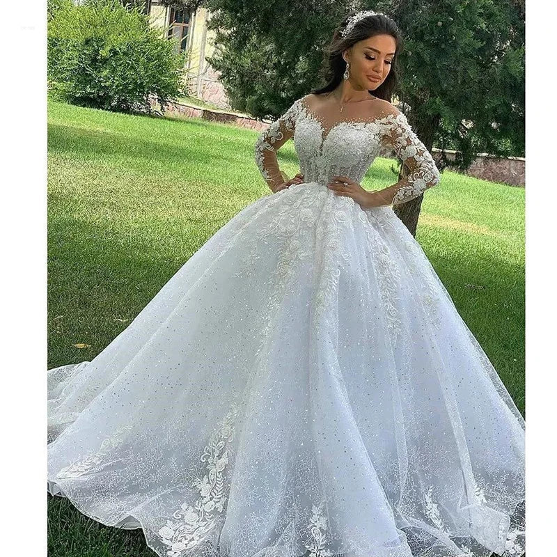 2023 Luxury Muslim Wedding Dress Women's Elegant Long Sleeve Lace Applique A-line Dress Beach Wedding Princess Party O-Neck Brid-payinti