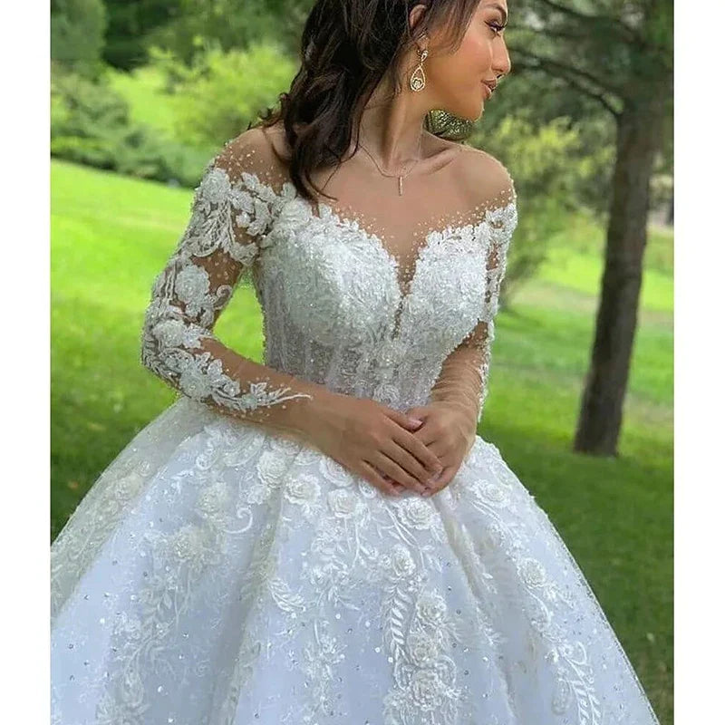 2023 Luxury Muslim Wedding Dress Women's Elegant Long Sleeve Lace Applique A-line Dress Beach Wedding Princess Party O-Neck Brid-payinti