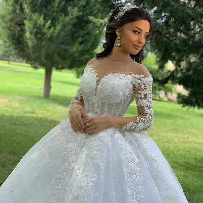 2023 Luxury Muslim Wedding Dress Women's Elegant Long Sleeve Lace Applique A-line Dress Beach Wedding Princess Party O-Neck Brid-payinti