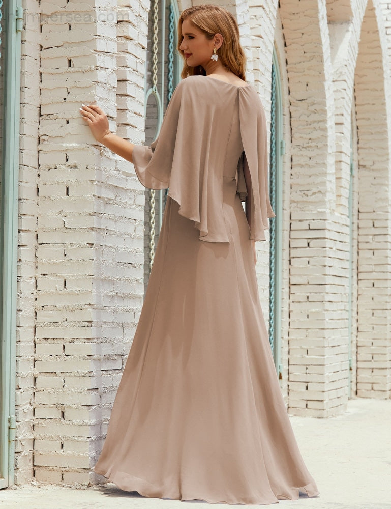 Numbersea  Bridesmaid Dress Women Long Sleeve V-Neck Chiffon Formal Wedding Party Dress 28018