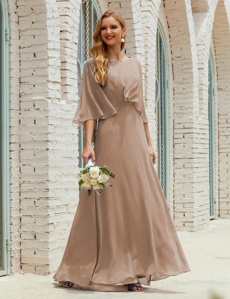 Numbersea  Bridesmaid Dress Women Long Sleeve V-Neck Chiffon Formal Wedding Party Dress 28018