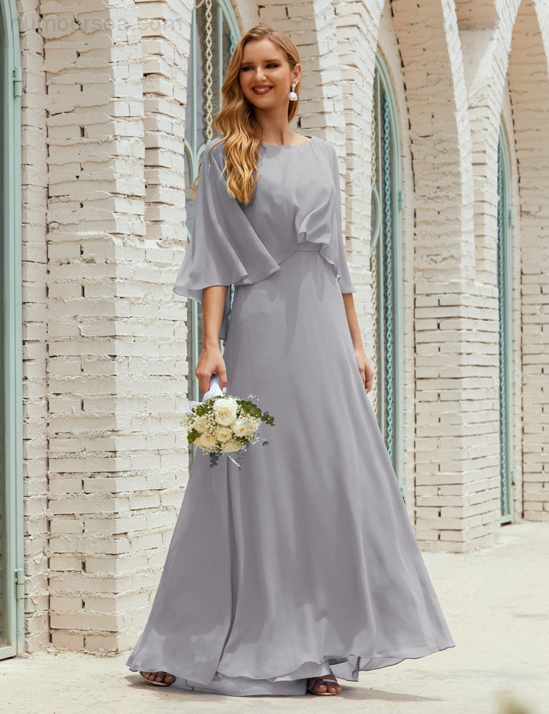 Numbersea  Bridesmaid Dress Women Long Sleeve V-Neck Chiffon Formal Wedding Party Dress 28018