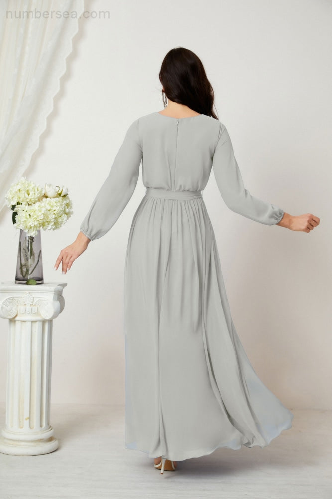 Numbersea Evening Dresses Deep V-Neck Chiffon Bridesmaid Dresses Long Bishop Sleeve Side Split Formal Dress 2806