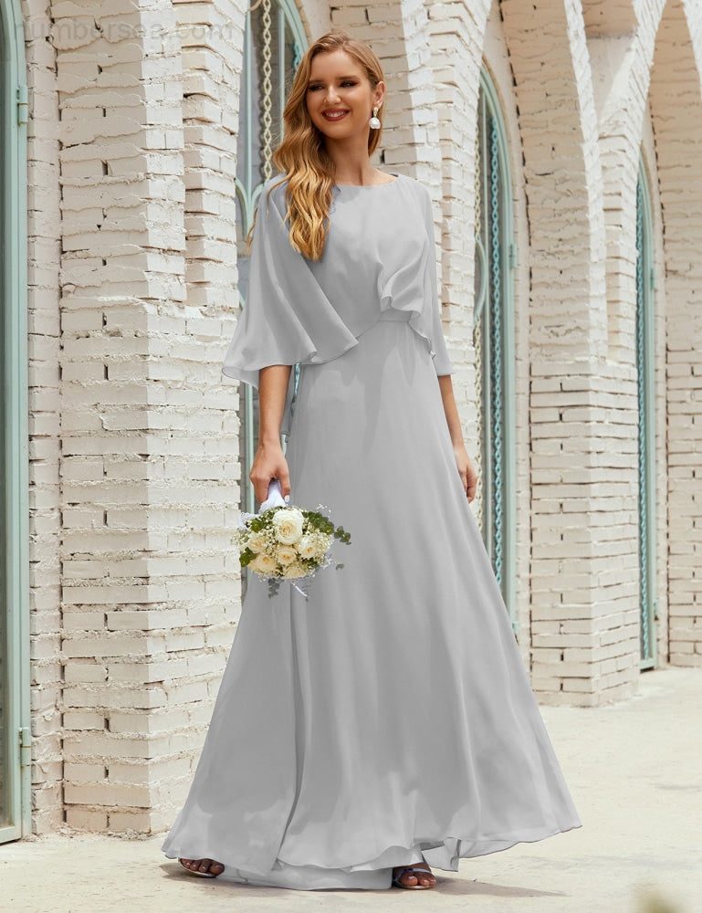 Numbersea  Bridesmaid Dress Women Long Sleeve V-Neck Chiffon Formal Wedding Party Dress 28018