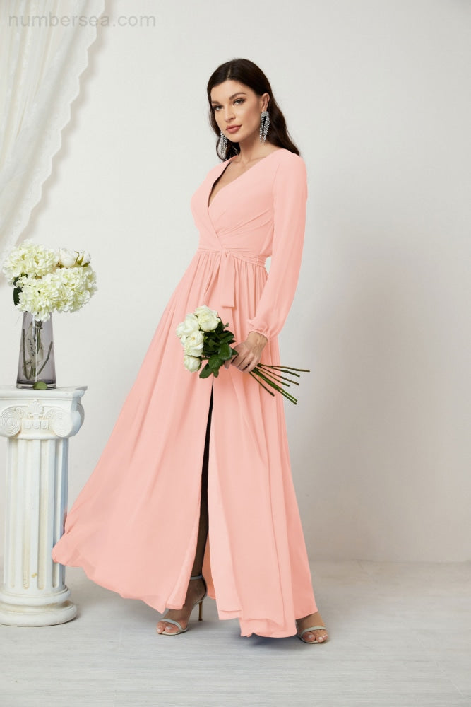 Numbersea Evening Dresses Deep V-Neck Chiffon Bridesmaid Dresses Long Bishop Sleeve Side Split Formal Dress 2806