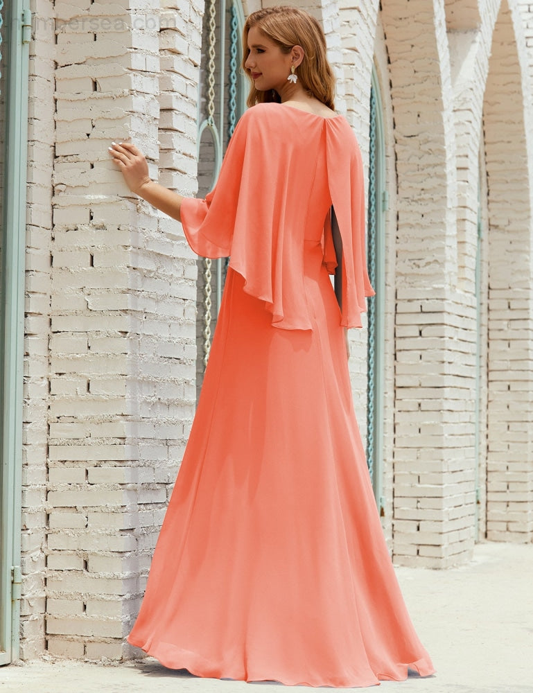 Numbersea  Bridesmaid Dress Women Long Sleeve V-Neck Chiffon Formal Wedding Party Dress 28018