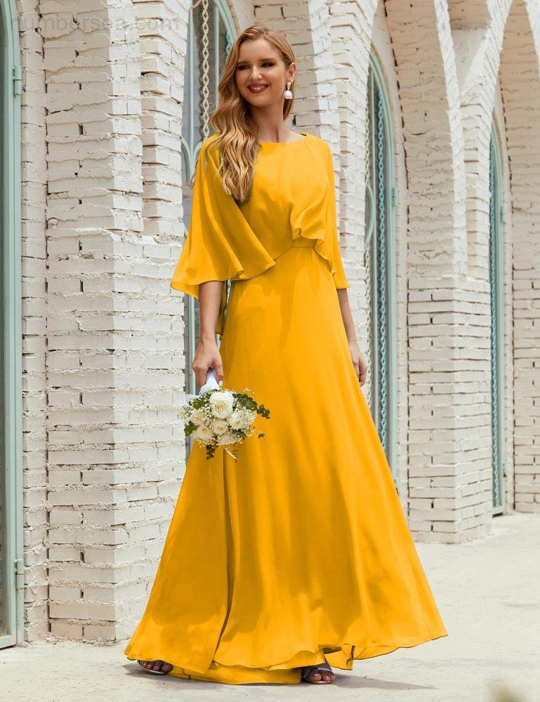 Numbersea  Bridesmaid Dress Women Long Sleeve V-Neck Chiffon Formal Wedding Party Dress 28018