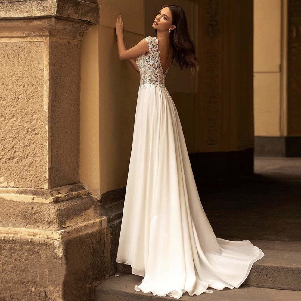 #YS88 Modern V-Neck Wedding Dresses Lace Appliques Chiffon Backless Boho A-Line Bride Gown Backless Sweep Train Vestido de novia-payinti