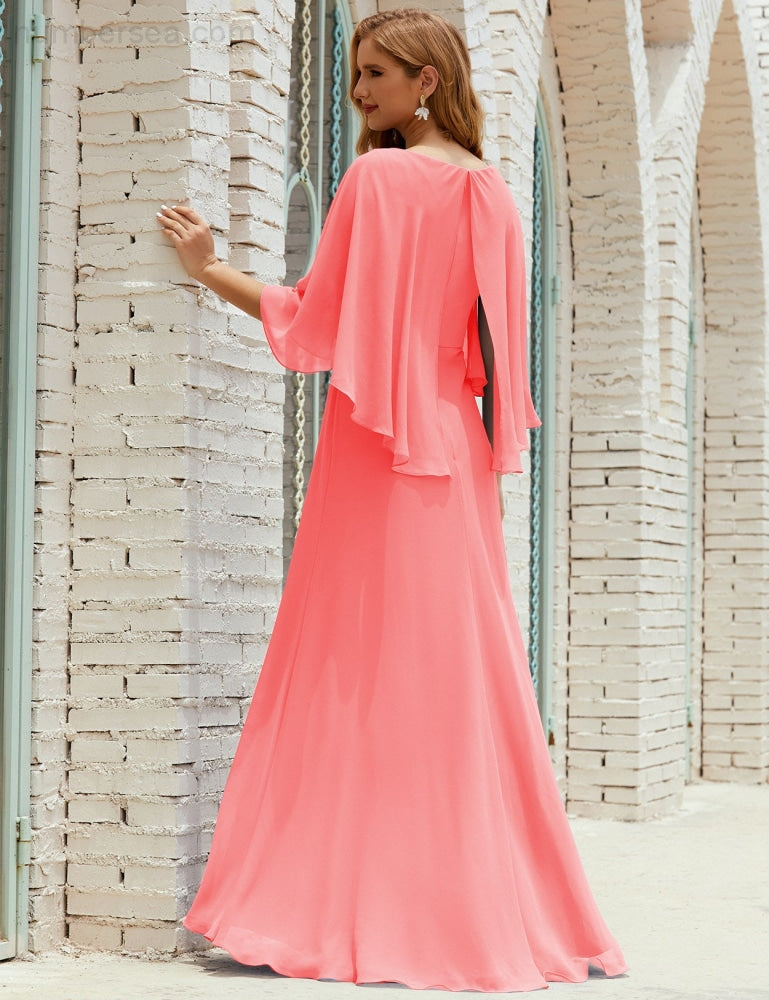 Numbersea  Bridesmaid Dress Women Long Sleeve V-Neck Chiffon Formal Wedding Party Dress 28018