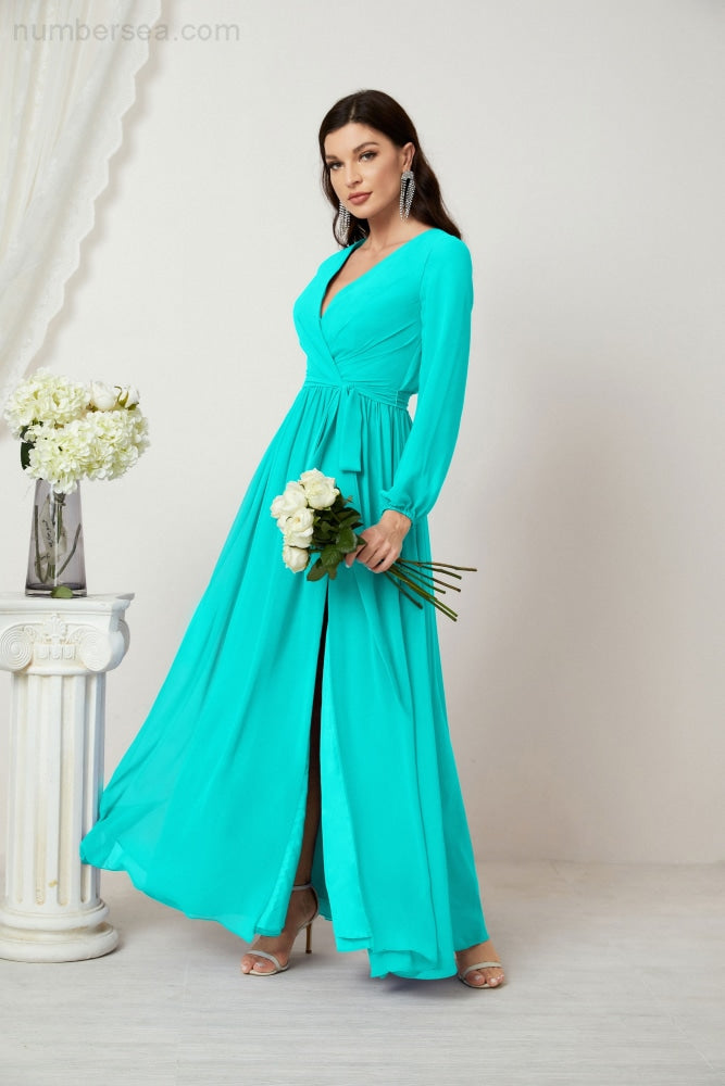 Numbersea Evening Dresses Deep V-Neck Chiffon Bridesmaid Dresses Long Bishop Sleeve Side Split Formal Dress 2806