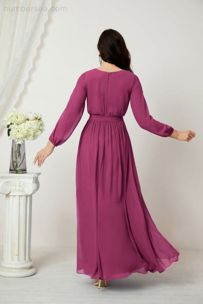 Numbersea Evening Dresses Deep V-Neck Chiffon Bridesmaid Dresses Long Bishop Sleeve Side Split Formal Dress 2806