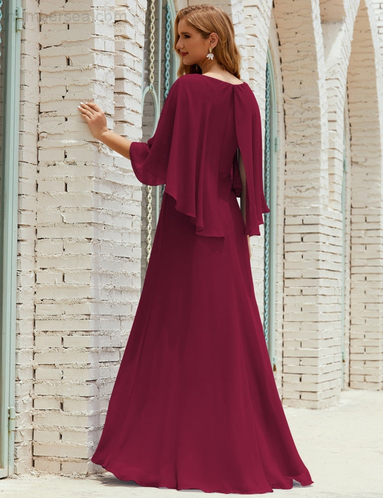 Numbersea  Bridesmaid Dress Women Long Sleeve V-Neck Chiffon Formal Wedding Party Dress 28018