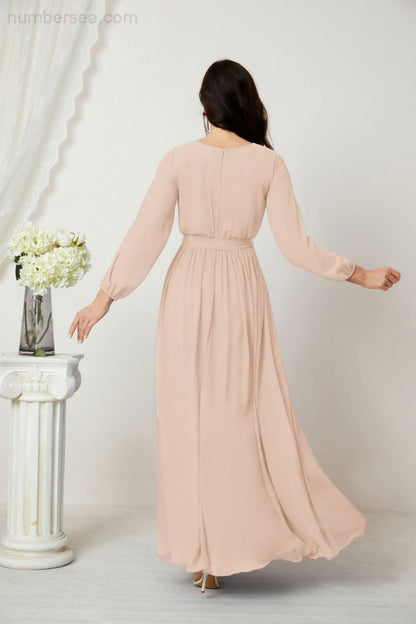 Numbersea Evening Dresses Deep V-Neck Chiffon Bridesmaid Dresses Long Bishop Sleeve Side Split Formal Dress 2806