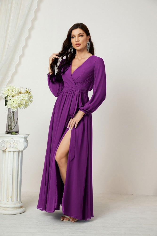 Numbersea Evening Dresses Deep V-Neck Chiffon Bridesmaid Dresses Long Bishop Sleeve Side Split Formal Dress 2806