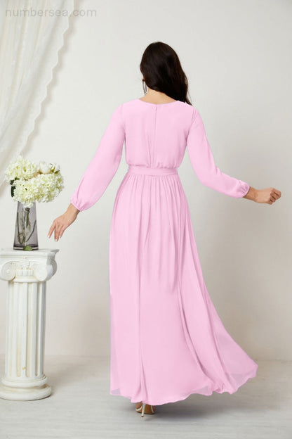 Numbersea Evening Dresses Deep V-Neck Chiffon Bridesmaid Dresses Long Bishop Sleeve Side Split Formal Dress 2806