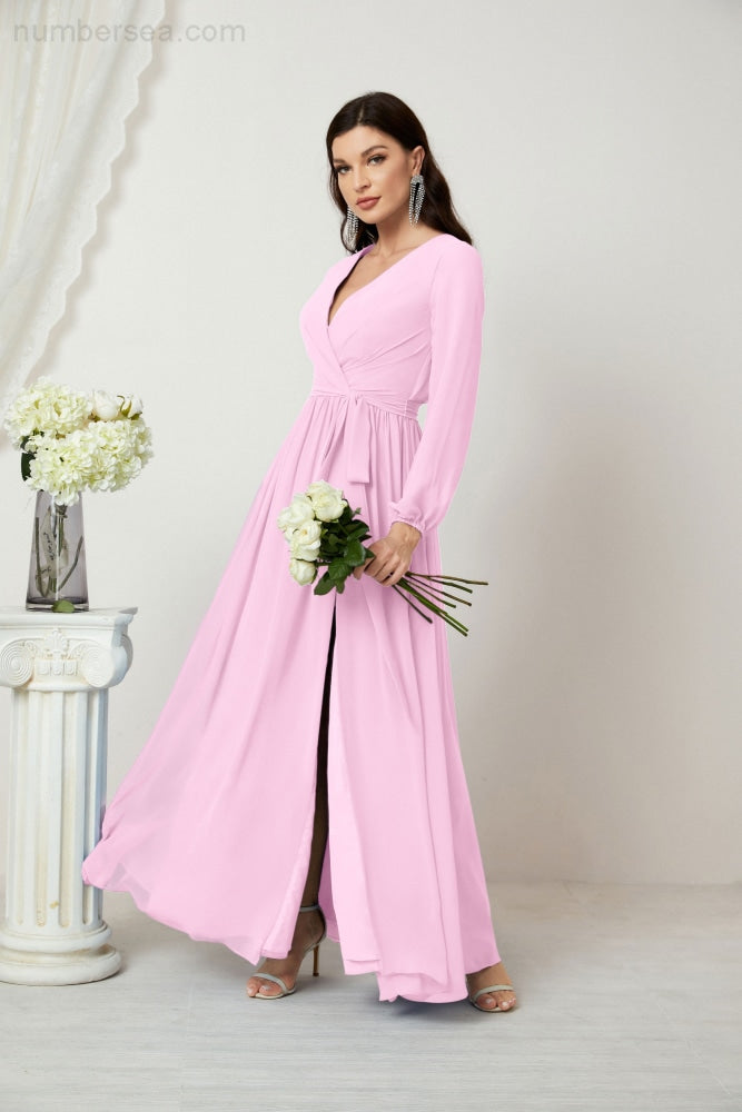 Numbersea Evening Dresses Deep V-Neck Chiffon Bridesmaid Dresses Long Bishop Sleeve Side Split Formal Dress 2806