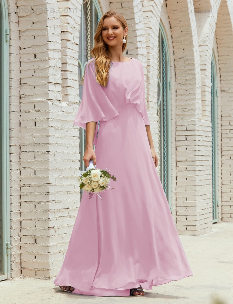 Numbersea  Bridesmaid Dress Women Long Sleeve V-Neck Chiffon Formal Wedding Party Dress 28018