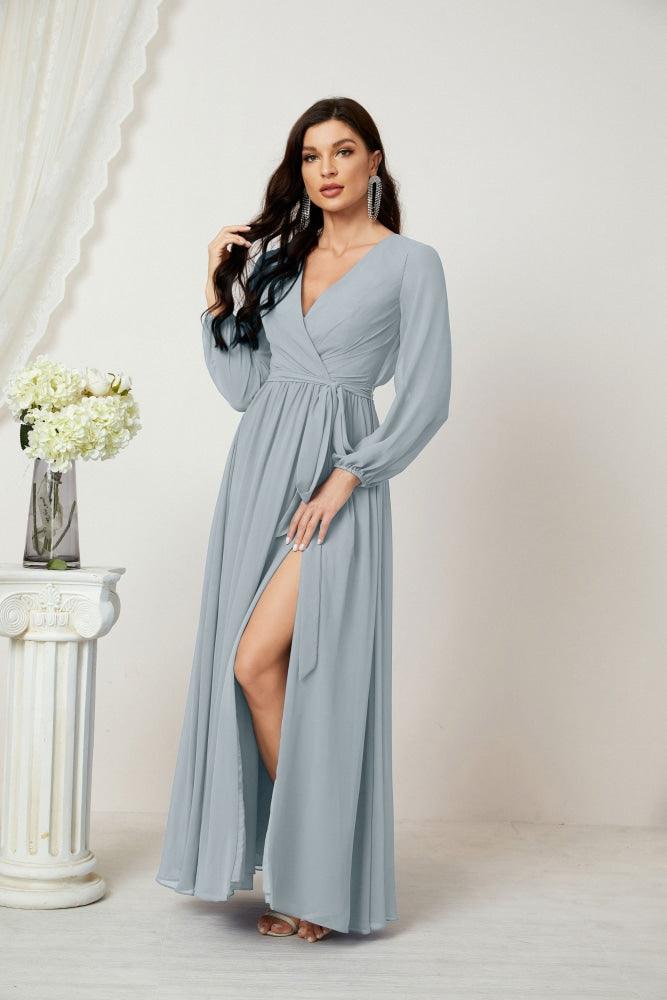 Numbersea Evening Dresses Deep V-Neck Chiffon Bridesmaid Dresses Long Bishop Sleeve Side Split Formal Dress 2806