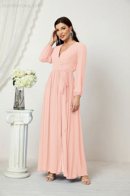 Numbersea Evening Dresses Deep V-Neck Chiffon Bridesmaid Dresses Long Bishop Sleeve Side Split Formal Dress 2806