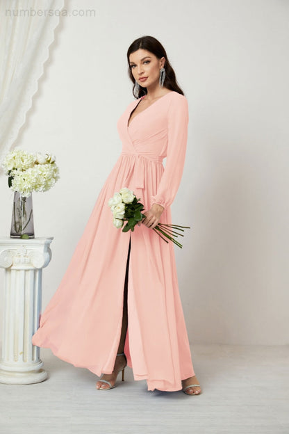 Numbersea Evening Dresses Deep V-Neck Chiffon Bridesmaid Dresses Long Bishop Sleeve Side Split Formal Dress 2806