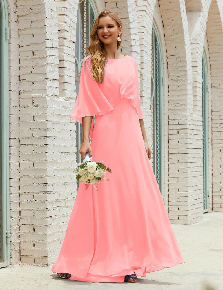 Numbersea  Bridesmaid Dress Women Long Sleeve V-Neck Chiffon Formal Wedding Party Dress 28018