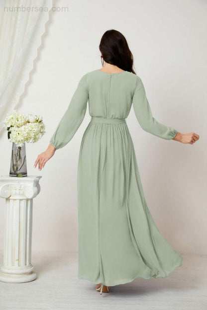 Numbersea Evening Dresses Deep V-Neck Chiffon Bridesmaid Dresses Long Bishop Sleeve Side Split Formal Dress 2806