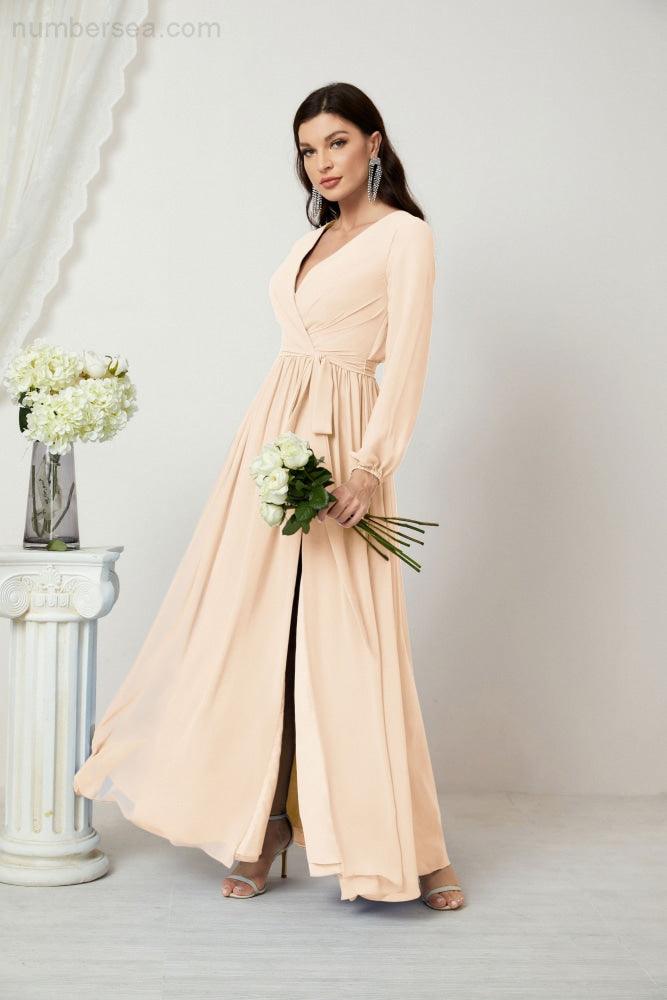 Numbersea Evening Dresses Deep V-Neck Chiffon Bridesmaid Dresses Long Bishop Sleeve Side Split Formal Dress 2806