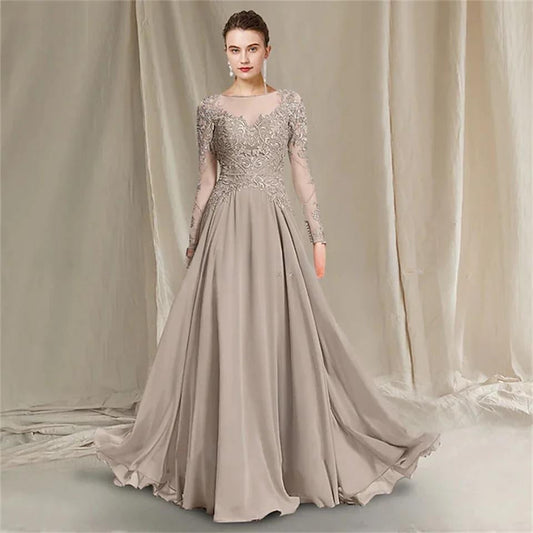 Elegant Mother Of The Bride Dress Long Sleeves Lace Chiffon A Line Summer Wedding Guest Dresses Mother Party Gown Sweep Train-payinti