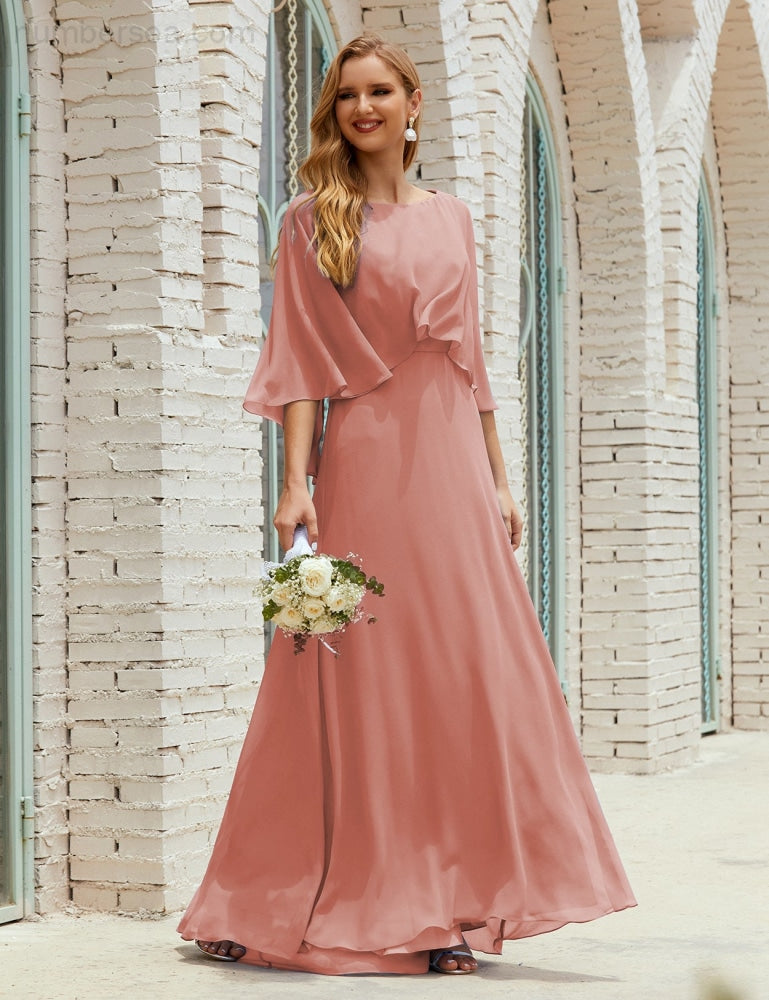 Numbersea  Bridesmaid Dress Women Long Sleeve V-Neck Chiffon Formal Wedding Party Dress 28018