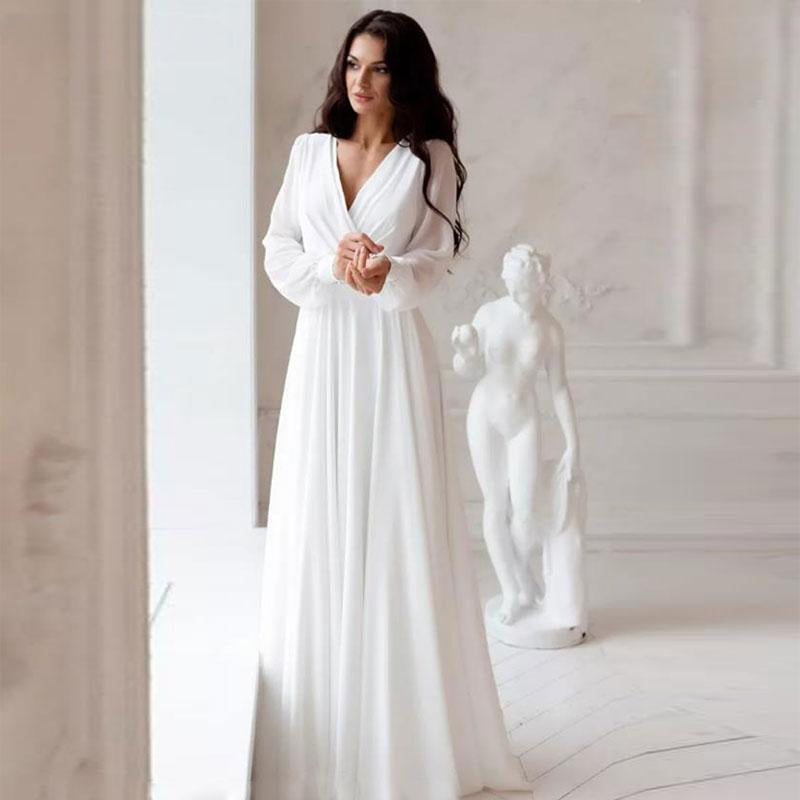 A Line Chiffon Wedding Dresses White Dresses Womens vestidos boda playa vestidos de boda Elopment Full Sleeve Simple-payinti