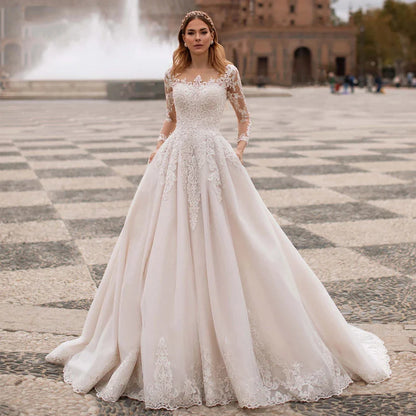 A-Line Round Neck Wedding Dress Crystal Beads Elegant Ladies Bohemian Lace Applique Long Sleeve Bride Bridal Gowns Seaside Party-payinti