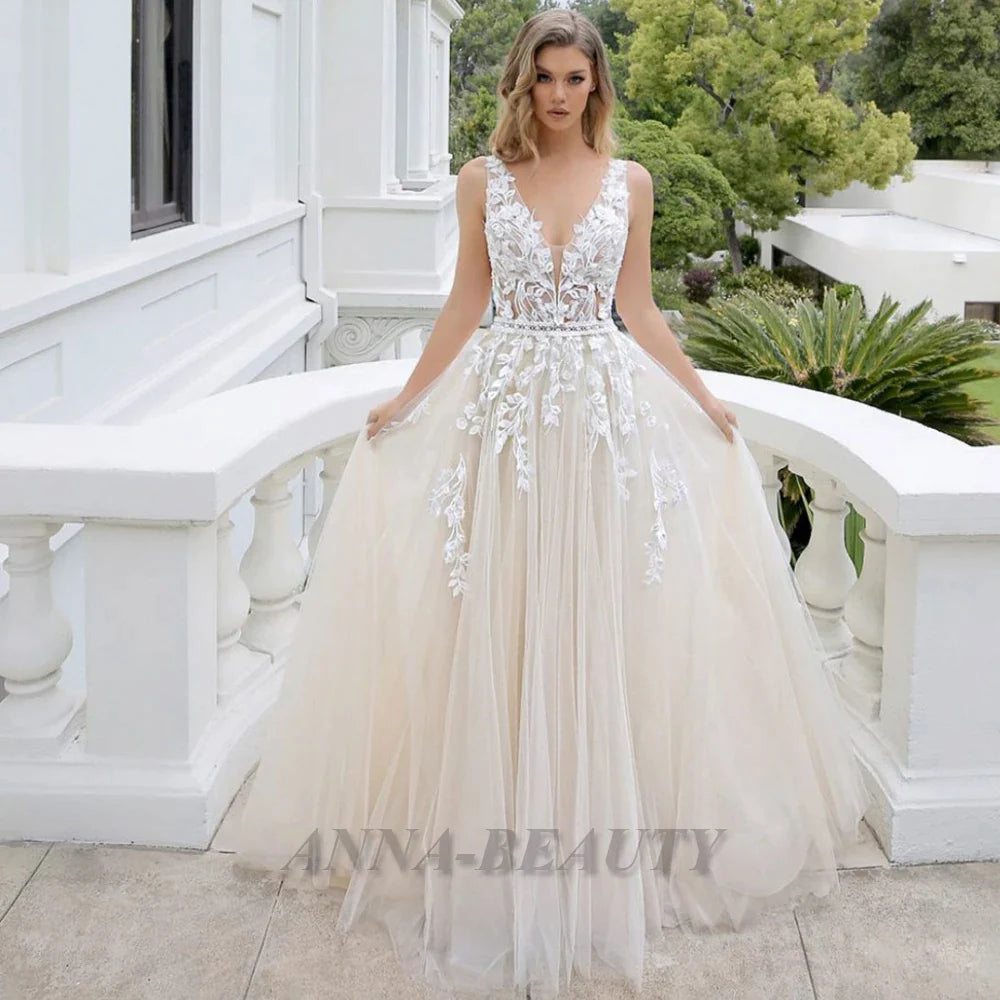 Appliques Wedding Dresses For Women 2023 Bride V Neck A Line Brush Train Backless Vestidos De Novia Bridal Gown-payinti