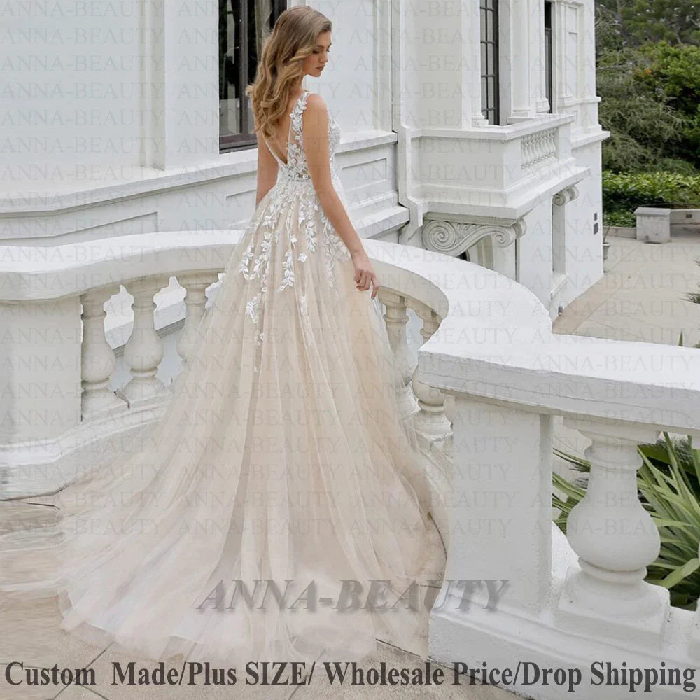 Appliques Wedding Dresses For Women 2023 Bride V Neck A Line Brush Train Backless Vestidos De Novia Bridal Gown-payinti