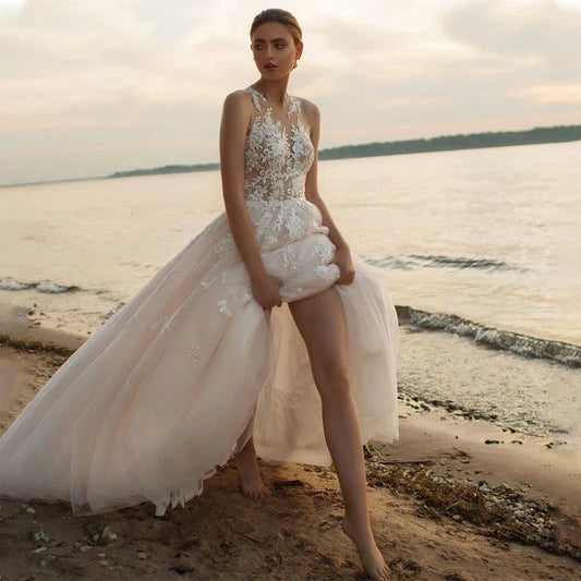 Beach A-Line Wedding Dresses O-neck Sleeveless Vestidos De Novia Custom Made Appliques Vestido De Noiva-payinti