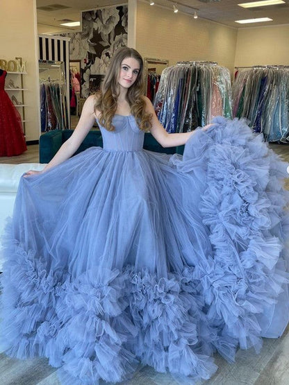 Blue Strapless Tulle Long Formal Dresses VMP168