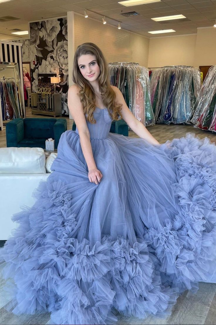 Blue Strapless Tulle Long Formal Dresses VMP168